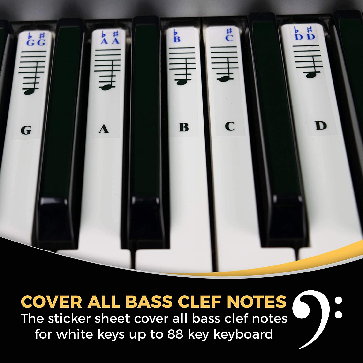 Piano and Keyboard Music Note Full Set Stickers for White and Black Keys;  Transparent and Removable; Made in USA